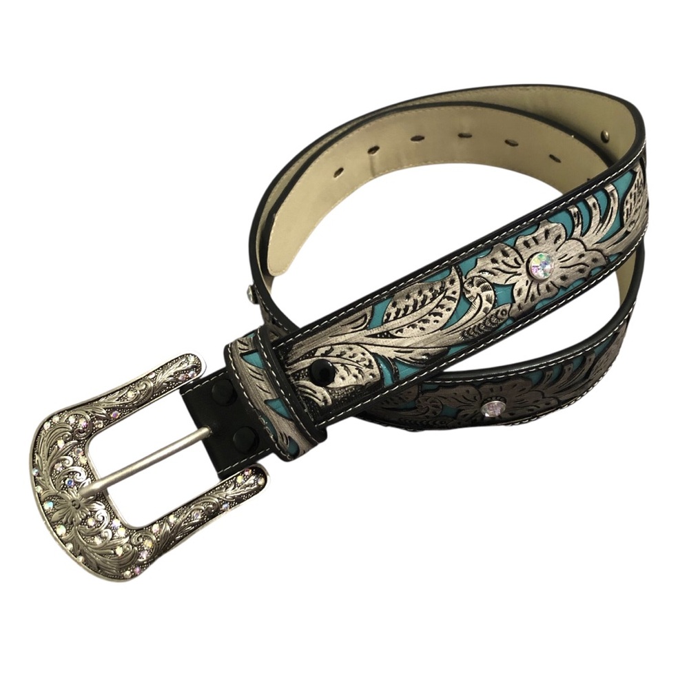 Western Turquoise Belt with Black Trim,Silvertone Floral Detail & Rhinestones